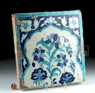 19th C. Persian Glazed Pottery Tile - Blue Flowers