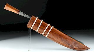 19th C. Indonesia Horn, Wood, Steel Knife w/ Sheath