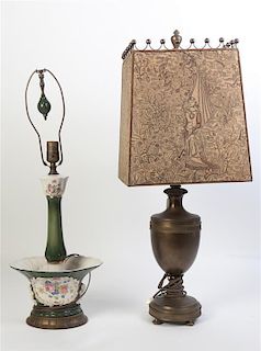 A Patinated Metal Lamp, Height overall 30 inches.