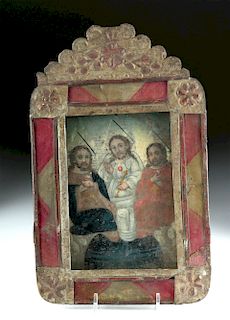 19th C. Mexican Tin Retablo w/ Nicho - Holy Trinity