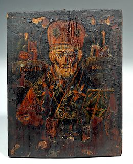 18th C. Russian Wood Icon - St. Nicholas of Myra