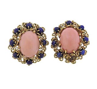 1960s 18k Gold Coral Lapis Earrings 