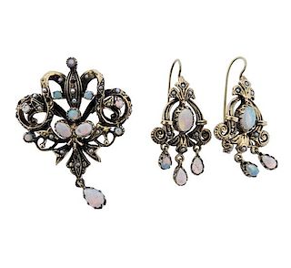 Antique 14k Gold Opal  Pearl Brooch Earrings 