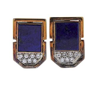1970s 14k Gold Lapis Diamond Earrings 