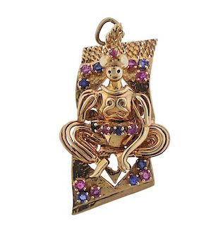 Retro 14k Gold Ruby Sapphire Aladdin Pendant 