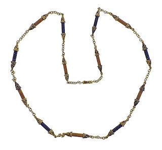 14K Gold Lapis Tiger&#39;s Eye Stone Station Necklace