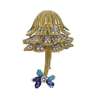 French 18K Gold Diamond Turquoise Sapphire Brooch Pin