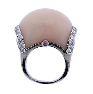 18K Gold Diamond Agate Pink Stone Cocktail Ring