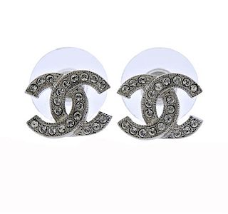 Chanel Base Metal Clear Stone CC Earrings