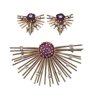 Retro 14K Gold Diamond Pink Stone Earrings Brooch Set