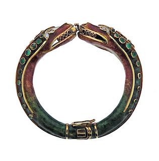 18K Gold Diamond Colored Stone Enamel Snake Bracelet