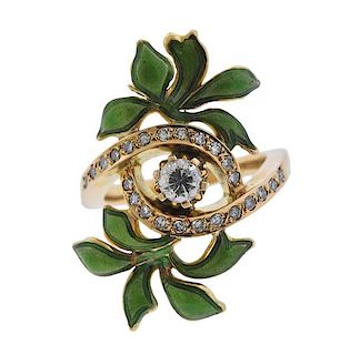 Continental 18K Gold Diamond Green Enamel Ring