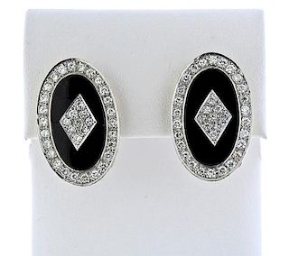 14K Gold Diamond Onyx Oval Earrings