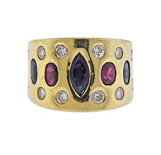 18K Gold Diamond Colored Stone Wide Band Ring