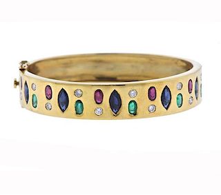 18K Gold Diamond Colored Stone Bangle Bracelet