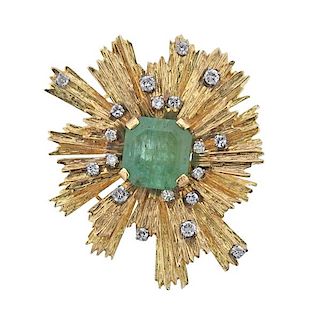 1970s 14k Gold Diamond Emerald Brooch Pin