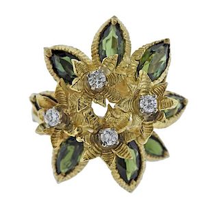 1970s 18K Gold Diamond Green Stone Ring