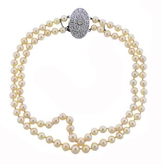 18K Gold Diamond Pearl Two Strand Necklace