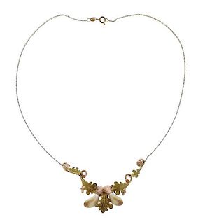 Antique 14K Two Tone Gold Leaf Motif Necklace