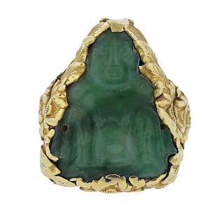 18k Gold Carved Jade Buddha Ring 