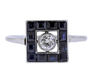 Art Deco 18k Gold Sapphire Diamond Ring 