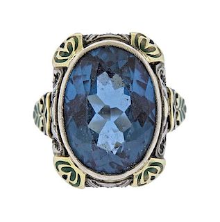 Antique Art Deco 14K Gold Blue Stone Enamel Ring
