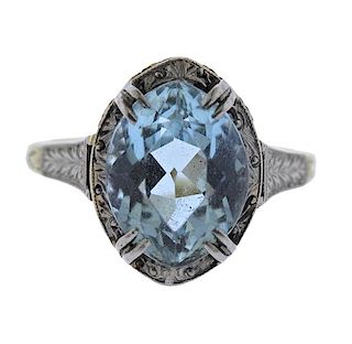 Antique Art Deco 14K Gold Platinum Blue Stone Ring