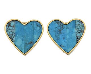 18K Gold Blue Stone Heart Earrings