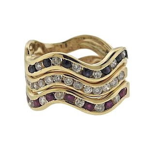 14k Gold Diamond Sapphire Ruby Wave Band Ring