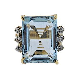 Mid Century 14K Gold 11.75ct Diamond Aquamarine Ring