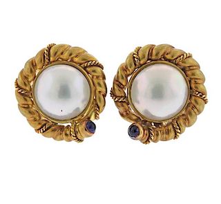 Tiffany &amp; Co 18K Gold Pearl Sapphire Earrings