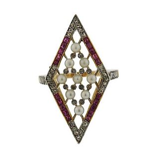 Antique 18K Gold Diamond Ruby Pearl Ring
