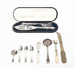 A Group of English Silver Flatware Articles, 18th-19th Century, Length of longest 11 inches.