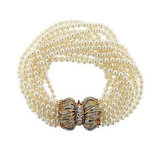 1960s Chic 18K Gold Diamond Pearl Multi Strand Bracelet