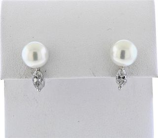 14K Gold Marquise Diamond Pearl Earrings