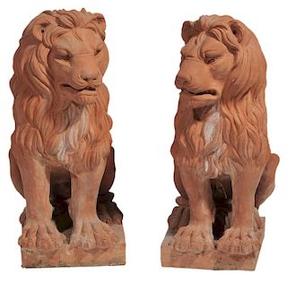 Pair Terra Cotta Seated Lions