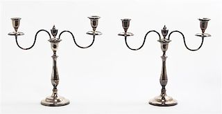 Two English Silver-Plate Two-light Candelabra, Height 14 1/4 inches.