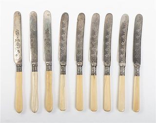 A Set of Nine English Silver Fruit Knives, Sheffield, Early 20th Century, Retailed by Henry Birks & Sons, with engraved blades