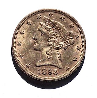 1893 Liberty Head 5 Dollars US Gold Coin 
