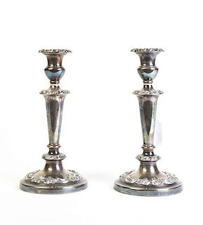 A Pair of English Silver-Plate Candlesticks, Height 9 inches.
