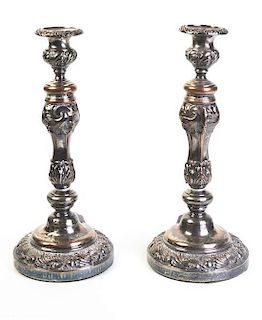 A Pair of English Silver-Plate Candlesticks, Height 12 1/4 inches.