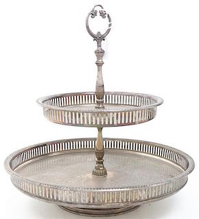 A Silver-Plate Two-Tiered Rotating Dessert Stand, Height 16 inches.