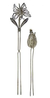 Two Silver Filigree Bobble Hair Pins, Late 19th/ Early 20th Century, Length of longest 5 3/8 inches.