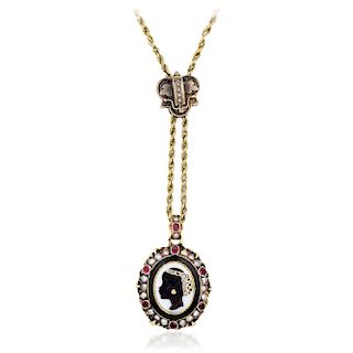 Antique Agate Ruby Diamond and Pearl Cameo Pendant Necklace, French