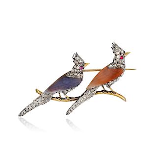 Antique Diamond and Ruby Bird Pin, French
