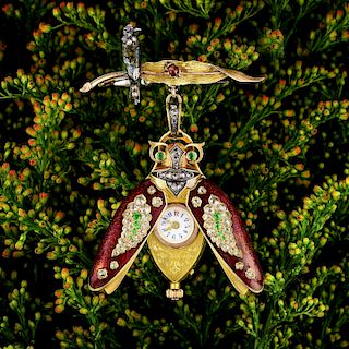 Antique Cicada Demantoid Garnet and Diamond Pendant/Pin Watch