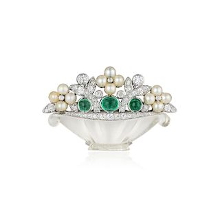 Cartier Art Deco Emerald Diamond Flower Basket Pin