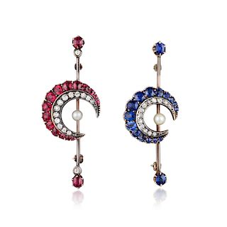 Two Antique Crescent Ruby Sapphire Pearl and Diamond Pins