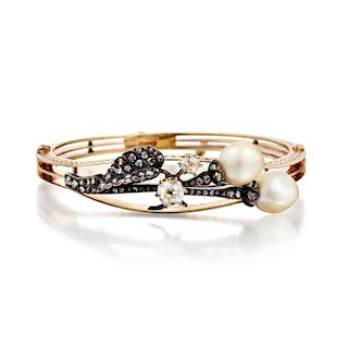 Antique Natural Pearl and Diamond Bangle
