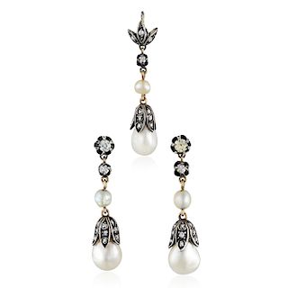 Antique Natural Pearl and Diamond Earrings and Pendant